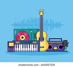 synthesizer guitar boombox stereo microphone mp3 music background vector illustration