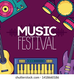 synthesizer guitar drums and turntable vinyl festival music poster vector illustration