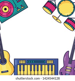 synthesizer guitar drums and turntable vinyl festival music vector illustration