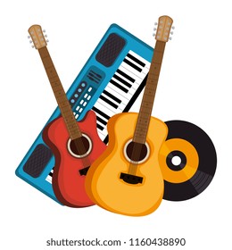 synthesizer with guitars and vinyl musical instruments
