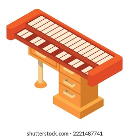 Synthesizer Icon isometrische Vektorgrafik. Klaviermusikalisches Instrument auf hölzerner Tischsymbol. Musik- und Kunstkonzept