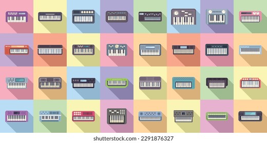 Synthesizer icons set flat vector. Acoustic audio. Piano classic
