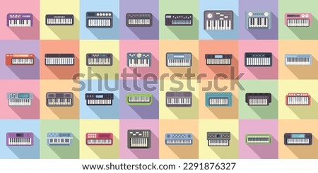 Synthesizer icons set flat vector. Acoustic audio. Piano classic