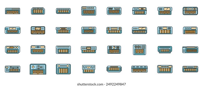 Synthesizer icons set outline vector. Acoustic audio. Piano classic thin line color flat on white