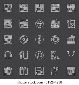 Synthesizer icons set. Vector collection of synthesizer, midi keyboard and other music symbols in thin line style