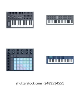 Synthesizer instrument icons set cartoon vector. Electromusical techno synth. Musical instrument