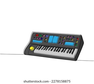 Synthesizer, keyboard one line color art. Continuous line drawing of play, key, record, controller, acoustic, panel, playing, music, equalizer, buttons, piano, instrument, synth, audio, techno, mixer