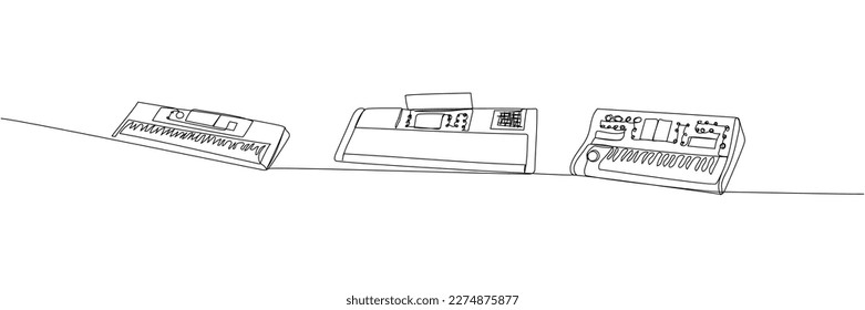 Synthesizer, keyboard set one line art. Continuous line drawing of play, key, record, controller, acoustic, panel, playing, music, rhythm, buttons, piano, instrument, dj, synth, audio, techno, mixer