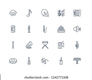 Synthesizer, Melodica, Bass Guitar, Disc, Sound system, Violoncello, Organ, Kettledrum, Electric guitar, Clarinet, Cymbal outline vector icons from 20 set