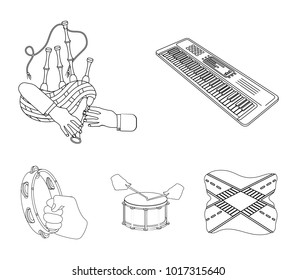 Synthesizer melodies, bagpipes Scotch and other web icon in outline style. drum, drum roll, tambourine in hand icons in set collection.
