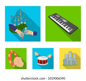 Synthesizer melodies, bagpipes Scotch and other web icon in flat style. drum, drum roll, tambourine in hand icons in set collection.