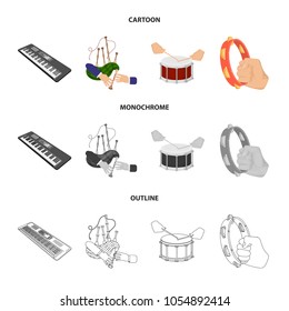Synthesizer melodies, bagpipes Scotch and other web icon in cartoon,outline,monochrome style. drum, drum roll, tambourine in hand icons in set collection.