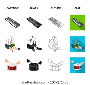 Synthesizer melodies, bagpipes Scotch and other web icon in cartoon,black,outline,flat style. drum, drum roll, tambourine in hand icons in set collection.