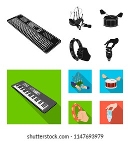 Synthesizer melodies, bagpipes Scotch and other web icon in black, flat style. drum, drum roll, tambourine in hand icons in set collection.