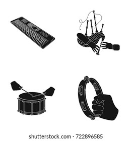 Synthesizer melodies, bagpipes Scotch and other web icon in black style. drum, drum roll, tambourine in hand icons in set collection.