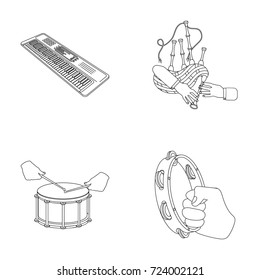 Synthesizer melodies, bagpipes Scotch and other web icon in outline style. drum, drum roll, tambourine in hand icons in set collection.