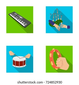 Synthesizer melodies, bagpipes Scotch and other web icon in flat style. drum, drum roll, tambourine in hand icons in set collection.