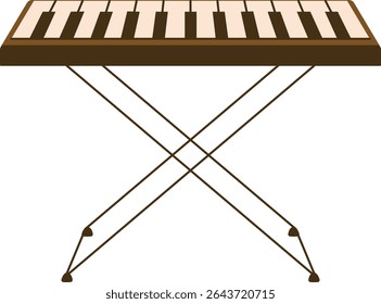 A synthesizer on a stand depicted in a clean, cartoon style. The keyboard instrument is shown with crossed metal legs supporting it. Cartoon vector illustration.