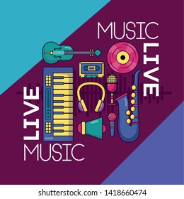 synthesizer speaker microphone vinyl headphone cassette festival music live poster vector illustration