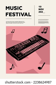 Synthesizer, Synthesizer, Klavier, digitales Klavier. Musikfestivals-Poster. Musikinstrumente mit Tastatur. Wettbewerb. Eine Reihe von Vektorgrafiken. Minimalistisches Design. Banner, Flyer, Deckel, Druck.