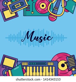 synthesizer turntable cassette headphones speaker poster music vector illustration