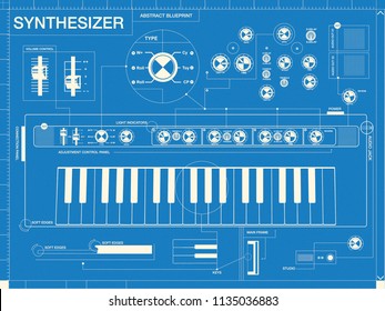 Synthesizer Vector Blueprint. Abstract blueprint display featuring different items from a digital synthesizer