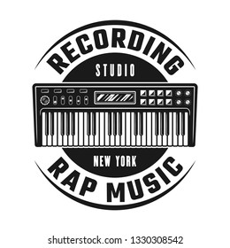 Synthesizer vector emblem, badge, label or logo for recording studio template. Vintage monochrome style illustration isolated on white background