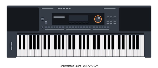 Synthesizer, Vektorgrafik. Realistischer analoger Synthesizer. Tastatur zum Musikmachen mit schwarz-weißen Tasten. farbige Illustration einzeln auf weißem Hintergrund.