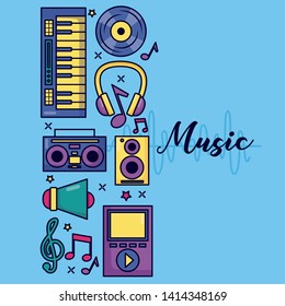 synthesizer vinyl boombox mp3 note poster music colorful background vector illustration