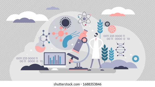 Synthetic biology concept, flat tiny persons vector illustration. Natural technology innovation in genetic material development. Biotechnology laboratory. Modern molecular DNA modification experiments