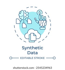 Datos sintéticos icono de concepto azul suave. Tipo de tecnologías que mejoran la privacidad. Información generada por IA. Ilustración de línea de forma redonda. Abstractas idea. Diseño gráfico. Fácil de usar en el artículo