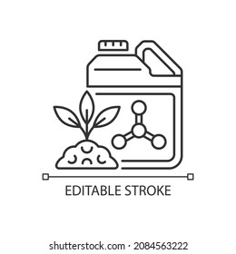 Icono lineal de fertilizantes sintéticos. Sustancia inorgánica para plantas de alimentación. Alimentación química. Ilustración personalizable de línea delgada. Símbolo de contorno. Dibujo de contorno aislado del vector. Trazo editable