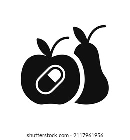 Synthetic Food Silhouette Icon. Additive Table, Pills, Vitamins Artificial Chemical Fruit Concept Black Pictogram. Unnatural Cultured Nutrition Icon. Isolated Vector Illustration.
