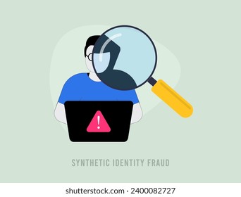 Synthetic Identity Fraud Detection. Creating fictional identities to exploit financial systems using advanced AI technology for convincing scams. Synthetic identity theft isolated vector illustration