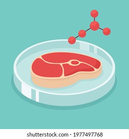 Synthetic meat concept. Farmed beef steak in the laboratory. Vector illustration.