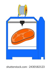 Synthetic meat on 3d printer 2D linear cartoon object. Additive manufacturing device isolated line vector element white background. Technology three-dimensional printing color flat spot illustration