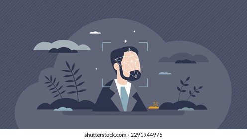 Synthetic media and AI software generated fake picture tiny person concept. Digital content creation with artificial intelligence tool vector illustration. Smart technology or image automation usage.