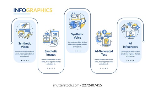 Plantilla infográfica de rectángulo de medios sintéticos. Algoritmo. Visualización de datos con 5 pasos. Gráfico de información de línea de tiempo editable. Diseño de flujo de trabajo con iconos de línea. Lato-Bold, fuentes regulares usadas