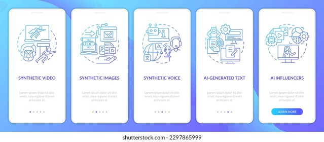 Synthetic media types blue gradient onboarding mobile app screen. VR walkthrough 5 steps graphic instructions with linear concepts. UI, UX, GUI template. Myriad Pro-Bold, Regular fonts used