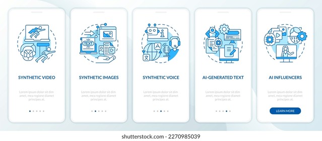 Synthetic media types blue onboarding mobile app screen. VR walkthrough 5 steps editable graphic instructions with linear concepts. UI, UX, GUI template. Myriad Pro-Bold, Regular fonts used