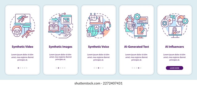 Synthetic media types onboarding mobile app screen. VR walkthrough 5 steps editable graphic instructions with linear concepts. UI, UX, GUI template. Myriad Pro-Bold, Regular fonts used