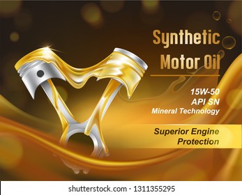 Synthetic motor oil for engine protection realistic vector advertising banner or flyer. Lubricated internal combustion engine pistons illustration. Car industry product, fuel additives promo poster