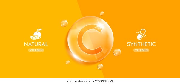 Synthetic and Natural vitamin C droplet. Banner design for ad dietary supplement, pharmacy or clinic. Vitamin minerals complex beauty skincare. Medical scientific concepts. Realistic 3D Vector. svg