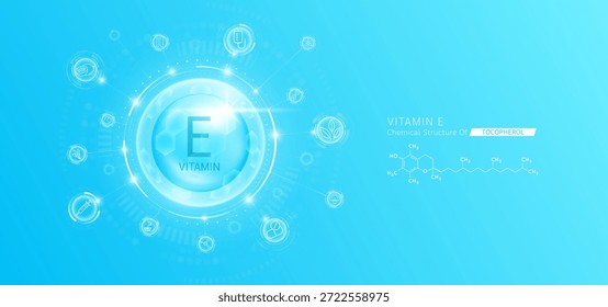 Synthetic natural vitamin E in hexagonal dome blue. Surrounded by fruit, vegetable, syringe, pills and IV bag icons. Chemical structure of Tocopherol. Medical scientific concepts. Vector.