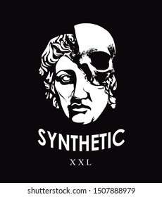 synthetic slogan with statue face and skull illustration