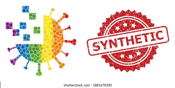 Synthetic virus mosaic icon of spheric spots in different sizes and LGBT colored shades, and Synthetic unclean rosette seal imitation. A dotted LGBT-colored Synthetic virus for lesbians, gays,