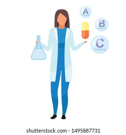 Synthetic vitamins consumption flat vector illustration. Female pharmacologist explaining food supplement formula isolated cartoon character on white background. Lab worker holding beaker