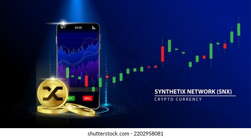Synthetix Network (SNX) coin gold Online payment. Hand holding smartphone money  payment app bank. Secure mobile banking finance concept Blue background vector illustration. 3D Cryptocurrency.