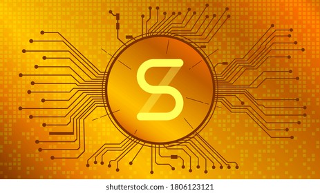 Synthetix Network Token SNX cryptocurrency token symbol of the DeFi project in circle with PCB tracks on gold background. Currency icon. Decentralized finance programs. Vector EPS10.