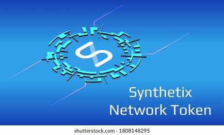 Synthetix Network Token SNX isometric token symbol of the DeFi project in digital circle on blue background. Cryptocurrency icon. Decentralized finance programs. Vector EPS10.